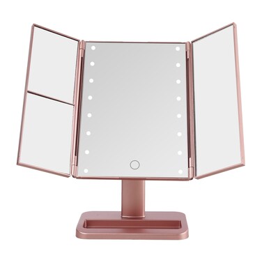 MELANNCO Rose Gold Tri Fold LED Vanity Mirror, 3 Magnifications and Dimmable LED Lights, Lighted Makeup Mirror, Touch Control