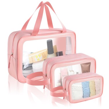 Travel Toiletry Bag for Women Men -Waterproof, Clear, Portable and Cute Makeup Cosmetic Bag Set (3-Pink)