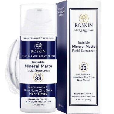 Roskin Invisible Mineral Sunscreen for Face with Non Nano Zinc Oxide - Clinically Tested Nontinted Face Sunscreen with SPF 33 Broad Spectrum &amp; Blue Light Protection - For All Skin Types (1.7 FI Oz)