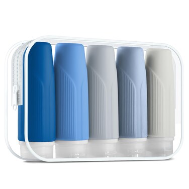 3 Oz Silicone Travel Bottles - Set of 5 TSA Approved, Leak Proof &amp; Squeezable - Toiletry Bottles with Zipper Bag &amp; Stickers for Shampoo, Conditioner, Lotion (Blue)