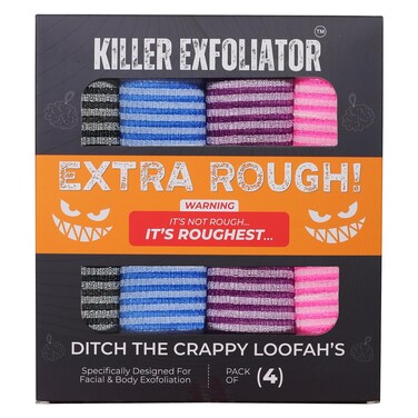 Premium Extra-Rough Japanese Exfoliating Body Scrubber: Extra Long, Hygienic, Body Scrubber Exfoliator for Men &amp; Women - 4 Count Pack (Black, Blue, Purple &amp; Pink)