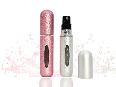 Empty Mini Refillable lightweight travel-size perfume bottle, leak-proof spray bottle (2 Pack) (2 PCS) by Nyx Productions (Matte Pink &amp; Matte Silver)