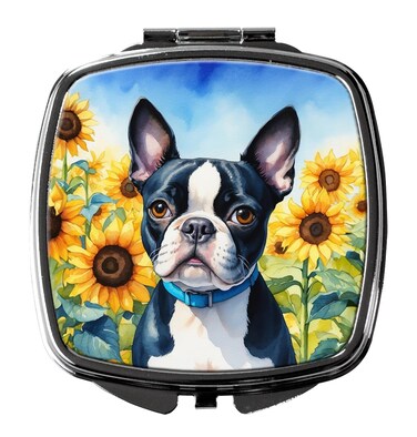 Caroline's Treasures Boston Terrier in Sunflowers Compact Mirror Decorative Travel Makeup Mirror for Women Girls Gifts Pocket Makeup Mirror Folding Handheld