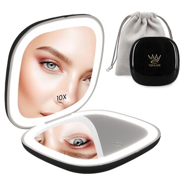 Compact LED Mirror, 3.9 inches 1X &amp;10X Magnification, Double Sided Lighted Folding Mirror, USB Charging, 3 Light Setting &amp; Dimmable, Travel Mirror with Memory fuction &amp;Touch Switch, (Black)