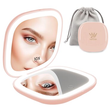 Led Compact Mirror, 1X /10X Magnification, 3.9" X 0.9" Portable Double Sided Lighted Makeup Mirror, USB Charging, 3 Light Setting and Dimmable, Memory Touch Switch (Pink)