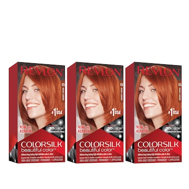 Revlon Permanent Hair Color, Permanent Hair Dye, Colorsilk with 100% Gray Coverage, Ammonia-Free, Keratin and Amino Acids, 45 Bright Auburn, 4.4 Oz (Pack of 3)