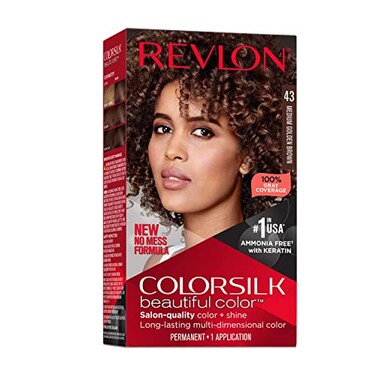 Revlon Colorsilk Beautiful Color Permanent Hair Color, Long-Lasting High-Definition Color, Shine &amp; Silky Softness with 100% Gray Coverage, Ammonia Free, 043 Medium Golden Brown, 1 Pack