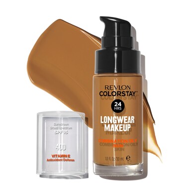 Revlon Liquid Foundation, ColorStay Face Makeup for Combination &amp; Oily Skin, SPF 15, Medium-Full Coverage with Matte Finish, 400 Caramel, 1 Fl Oz