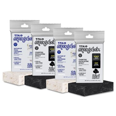 T.Taio Esponjabon Mother of Pearl and Charcoal Soap Sponges &mdash; Shower Scrubbers That Remove Oil and Dirt &mdash; Sponges to Scrub Foot, Elbow and Face &mdash; Bathroom Accessories &mdash; Fresh Scent (4-Pack)