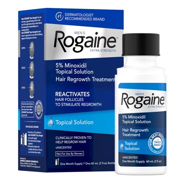 Men's Rogaine Extra Strength 5% Minoxidil Topical Solution for Hair Loss &amp; Regrowth, Topical Treatment for Men, Unscented Minoxidil Follicle Booster Liquid, 1-Month Supply, 2 fl. oz