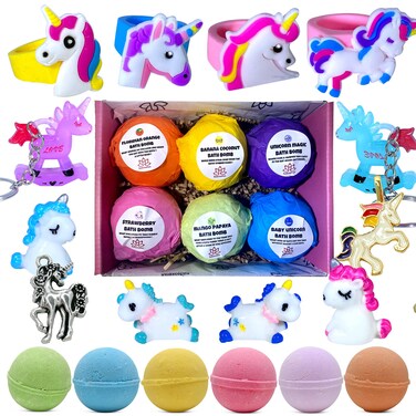 Unicorn Bath Bombs for Girls with Surprise Toys Inside for Kids   Cute Unicorn Ring, Keychain, Necklace, Toys and Bonus Unicorn Purse - Easter Gift Set Bath Balls with Unicorn Toys Inside - Handmade