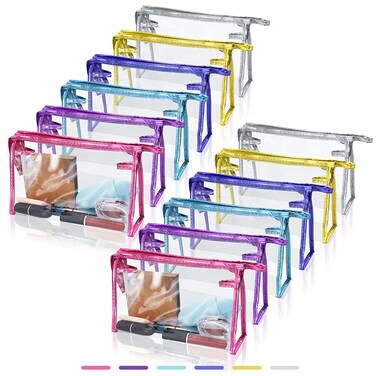 SITAKE 12 Pcs Portable Transparent Cosmetic Bags, Clear Waterproof Makeup Bags with Handle, PVC Travel Toiletry Bags Pouches, Clear Pencil Cases, Stationary Organizers(6 Colors)