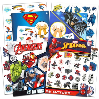 Superhero Tattoos for Kids Bundle ~ 100 Pcs Marvel and DC Super Hero Temporary Tattoos for Boys Girls   Spiderman Avengers Superman Batman Superhero Party Favors Party Supplies