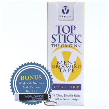 Vapon Topstick - The Original Men's Grooming Tape - Self Adhesive, Clear, Double Sided Tape for Toupee and Wig Adhesive - 50 Count of .5" x 3" Strong Tape Wig Strips with Bonus Key Chain