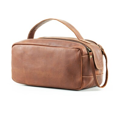 Handmade World Full Grain Buffalo Leather Toiletry Travel Pouch &ldquo;Golden Oak&rdquo; Wash Bag for Men and Women Leather Dopp Kit and Cosmetic Shaving Kit Bag