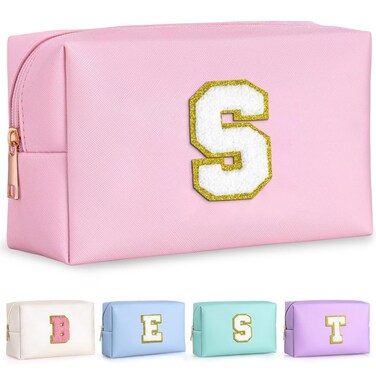 TOPEAST Initial Makeup Bag for Women, Travel Small Cosmetic Bag Cute Pink Personalized Preppy Makeup Pouch, Birthday Travel Gifts for Women (Pink S)