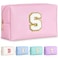 TOPEAST Initial Makeup Bag for Women, Travel Small Cosmetic Bag Cute Pink Personalized Preppy Makeup Pouch, Birthday Travel Gifts for Women (Pink S)