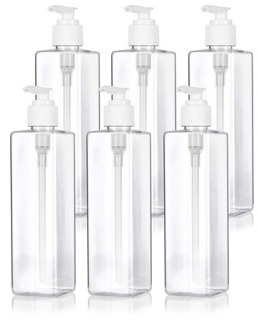 8 oz / 250 ml Clear Plastic PET Square Bottle (BPA Free) with White Lotion Pump (6 Pack)