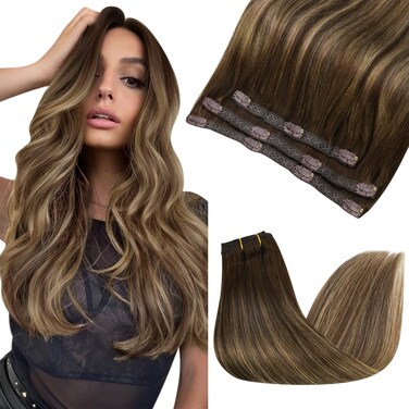 Sunny Hair Clip in Hair Extensions Straight Human Hair Clip in Extensions Remy Clip in Hair Extensions Real Human Hair Extensions Clip ins Dark Brown Balayage Blonde 4/27/4 18inch