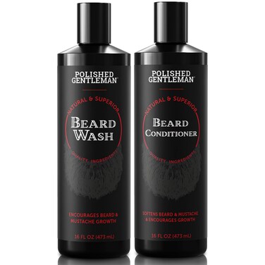 Polished Gentleman Beard Wash and Conditioner Set - Softens and Strengthens - Beard Shampoo with Growth Oil - Moisturizer &amp; Beard Thickener - Tea Tree Unscented - Paraben-Free &amp; Sulfate-Free (16oz)