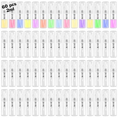 Mini Spray Bottle, Clear Plastic Empty Sample Containers, Fine Mist Perfume Travel Refillable Spray Bottle Perfume Atomizer Small Portable Bottle for Cleaning, Travel, Essential Oils (60, 2ml)