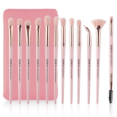 Z'OREYA Eye Makeup Brushes, 12 Pcs Professional Eye Brush Set Eyeshadow, Eyebrow, Blending, Fan, Eyelash Brushes Set With Carrying Bag (Pink)