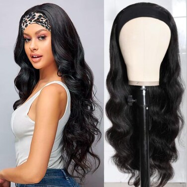 Body Wave Headband Wig for African American Black Women Natural Synthetic Heat Resistant Black Hair Band Curly Wigs 24 Inch with Free Headbands