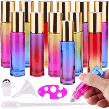 inice 12 Pack,Roller Bottles Gradient Color Glass Bottle for Essential Oils Applicator,10ml Roll on Bottle with Golden Metal Cap for Daily Care