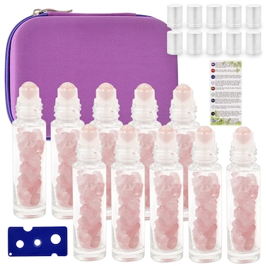 Essential Oil Roller Bottle 10ml w EVA Carrying Travel Case（Clear Glass Bottle with silver Cap、10pack、Gemstone Roller Balls、Healing Crystal Chips Inside、Opener)Gemstone Roller Ball Bottles