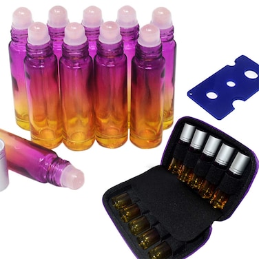 10pcs Gradient 10ml Empty Refillable Bottles with Crystal Semiprecious Stones Essential Oil Gemstone Roller Ball Bottles with Free Bag W3902 (Rose Quartz)