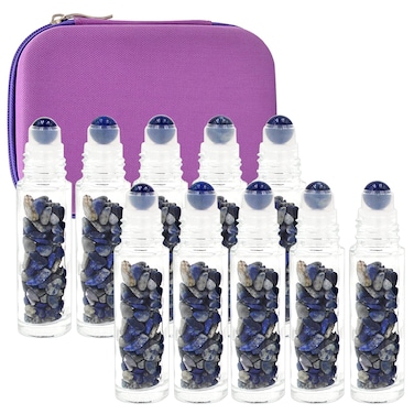 Essential Oil Roller Bottle EVA Carrying Travel Case and 10pcs Essential Oil Gemstone Roller Ball Bottles Frosted Glass Inside 10ml Healing Crystal Chips Feng Shui Roller (Lapis Lazuil)