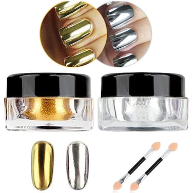 Metallic Chrome Powder Hisight 2 pcs Nail Art Mirror Glitter Chrome Pigment Powder Dust Nail Sequins Gold Silver Color Nail Art Tools with Sponge Stick &times;2 (Silver Gold)