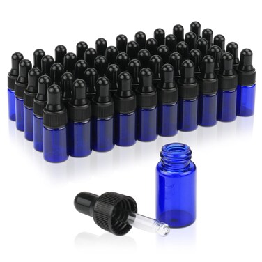 50 Pack 3 ml Cobalt Blue Glass Dropper Bottles,Empty Eye Dropper Sample Vials with Black Eye Dropper Caps for Fragrance,Essential Oil,Perfume,Cosmetic Liquid Lotion Container-2 Transfer Dropper Free