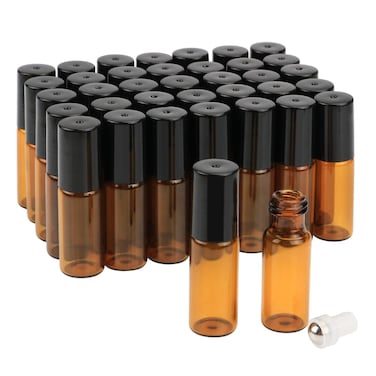 Amber Glass Roller Bottles,5ml(1/6oz) Pack of 35 Roll on Bottles With Stainless Steel Roller Ball&amp;Black Lids Perfect for Essential Oil Aromatherapy Blends/Perfumes/Lip Balms-FREE Dropper Included
