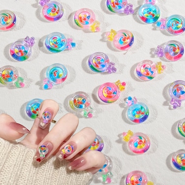50PCS 3D Candy Charms Cute Colorful Resin Lollipop Nail Art Charms Kawaii Candy Sweet Flatback Resin Charms for Acrylic Nails DIY Nail Art Craft Accessories
