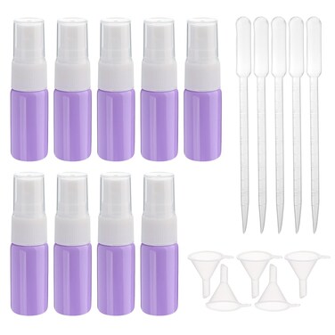 9pcs 10ml Glass Spray Bottle for Essential Oils Small Empty Refillable Travel Fine Mist Sprayer Bottle, for Cleaning, Aromatherapy Dispenser (Purple, funnel and dropper included)