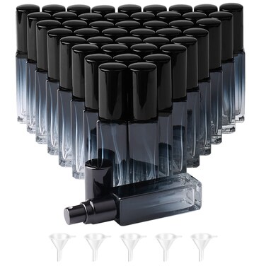 45pcs 10ml Mini Square Spray Bottle Glass Empty Spray Refillable Perfume Bottle Fine Mist Liquid Dispenser for Makeup Skin Care (Black Cap)