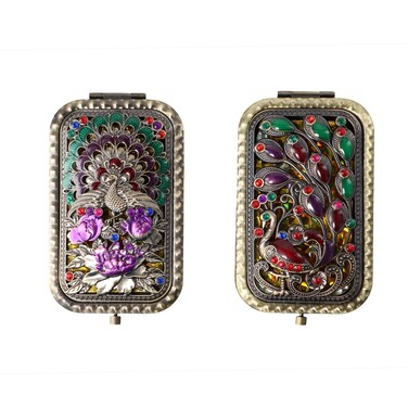 Pokinge 2Pcs Compact Folded Pocket Mirror Double-Sided Folding Retro Peacock Metal Makeup Mirror Portable 2X Magnification Cosmetic Mirror for Travel