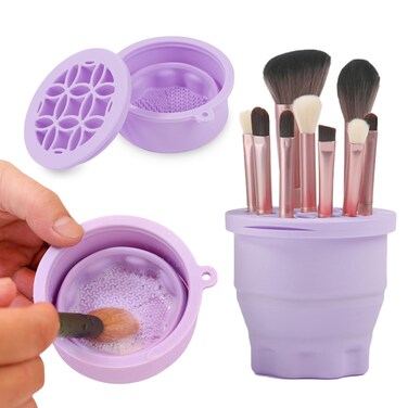Makeup Brush Cleaner Mat &amp; Organizer, 2 In 1 Silicone Pad &amp; Holder, Portable Washing Tool for Makeup Brushes (Purple)