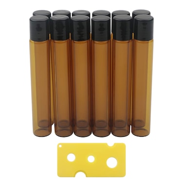 Kesell 10ml Amber Glass Roller Bottle for Essential Oils, 12 Pack Small Empty Roll On Bottles with Stainless Steel Roller Balls, with 1 Bottle Opener for Travel,Perfume