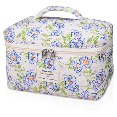 Large Makeup Bag, Cute Cosmetic Bag for Women Girls, Floral Coquette Aesthetic Toiletry Bag, Travel Make Up Organizer Bag (light blue)