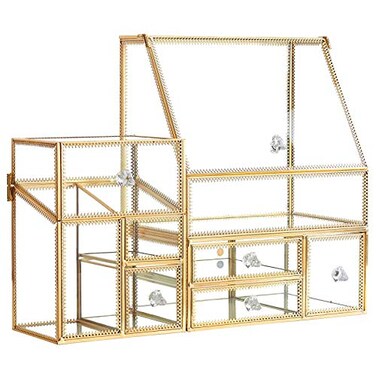 Stackable 3Pieces Drawer Set Glass Makeup Organizer Antique Countertop Vanity Cosmetic Storage Box Mirror Glass Beauty Display, Holder for Brushes Lipsticks Skincare Toner with free Pearl (Gold)