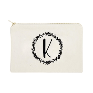 The Cotton &amp; Canvas Co. Personalized Wreath Monogram Initial K Cosmetic Bag and Travel Make Up Pouch