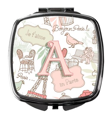 Caroline's Treasures CJ2002-ASCM Letter A Love in Paris Pink Compact Mirror Decorative Travel Makeup Mirror for Women Girls Gifts Pocket Makeup Mirror Folding Handheld