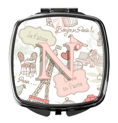 Caroline's Treasures CJ2002-NSCM Letter N Love in Paris Pink Compact Mirror Decorative Travel Makeup Mirror for Women Girls Gifts Pocket Makeup Mirror Folding Handheld