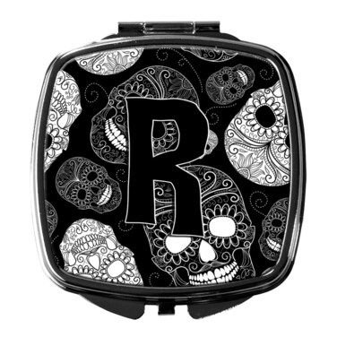 Caroline's Treasures CJ2008-RSCM Letter R Day of the Dead Skulls Black Compact Mirror Decorative Travel Makeup Mirror for Women Girls Gifts Pocket Makeup Mirror Folding Handheld