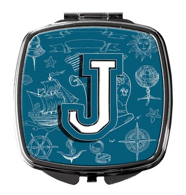 Caroline's Treasures CJ2014-JSCM Letter J Sea Doodles Initial Alphabet Compact Mirror Decorative Travel Makeup Mirror for Women Girls Gifts Pocket Makeup Mirror Folding Handheld