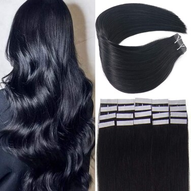 Jet Black Tape In Hair Extensions, 20 Inch Human Hair 50g 20Pcs Natrual Black Hair Extensions Tape In human hair Real Human Hair Full Soft And Straid Hair Extensions Tape In.1# 20