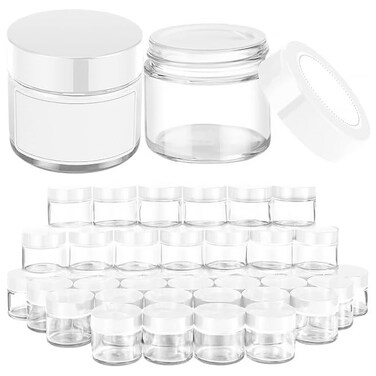 2 oz Glass Jars with Lids, 48 pack Clear Round Small Containers with White Lids, Blank Labels &amp; Inner Liners, Empty Cosmetic Containers for Sample, Powder, Cream, Lotion