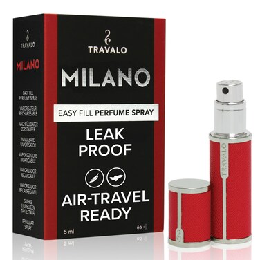 Travalo Milano Perfume Atomizer - Elegant Design for Valentine&rsquo;s Day - Reusable, Airtight, Easy Fill Mini Pump Sprayer - Vegan Leather with Polished Metal Outer Shell - Red